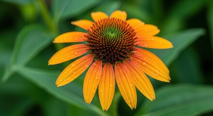 Illustration of a vibrant orange coneflower in full bloom, showcasing its intricate center and delicate petals against a backdrop of lush greenery