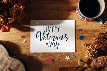 Happy Veteran's Day greeting card on a rustic wooden table with a patriotic coffee mug and decorations