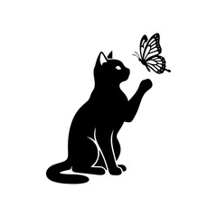 Vector art of silhouette of a black cat playing with a butterfly