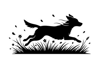 Vector art of silhouette of a dog running through a field