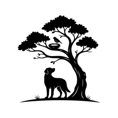 Vector art of silhouette of a dog under a tree watching a bird