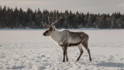 Majestic Reindeer Standing in a Snowy Winter Landscape.