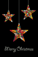 Merry Christmas - Schriftzug in englischer Sprache - Frohe Weihnachten. Grußkarte mit bunten Mosaiksternen auf schwarzem Hintergrund.