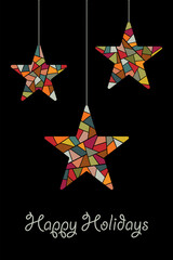 Happy Holidays - Schriftzug in englischer Sprache - Schöne Feiertage. Grußkarte mit bunten Mosaiksternen auf schwarzem Hintergrund.