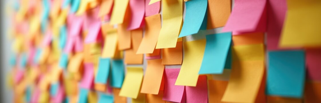 Colorful sticky notes densely cover wall surface. Memo pads in pink, yellow, orange, blue create vibrant abstract pattern. Ideas, tasks, reminders organized visually for brainstorming. Office work,