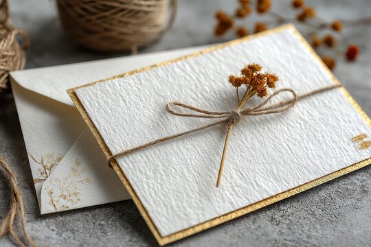 Decorated envelope with flowers and twine on brown envelope for wedding invitation