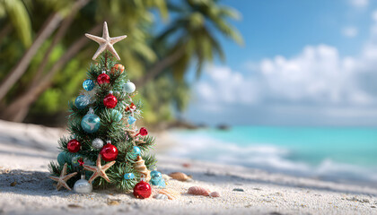 Christmas tree decorated on the sandy beach. Summer Xmas vacations on a tropical island