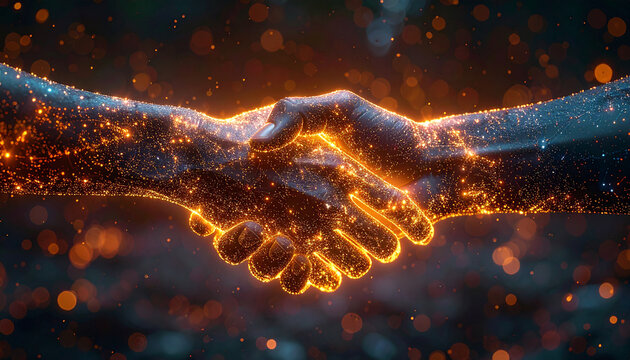 Digital Agreement: An abstract representation of two hands clasped in a handshake, formed by a glowing network of digital particles, signifying a connection or agreement in the digital age.