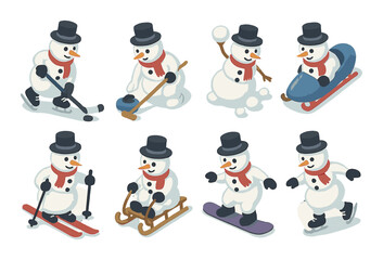 Charming snowmen engaging in winter sports with skis, snowballs, and sleds