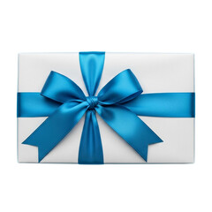 Wrapped gift box with blue ribbon isolated on transparent background, top view