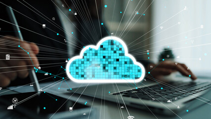 Futuristic illustration showcasing the concept of cloud computing and digital data transfer, capturing the essence of modern technology and connectivity in business environments. Xenic