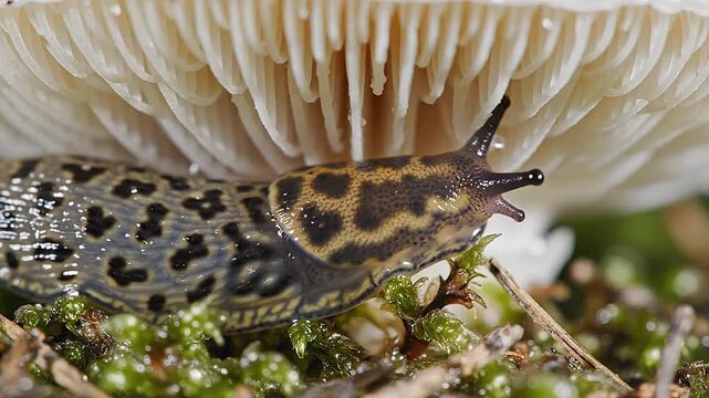 Feeding on a mushroom, a slug's mouth parts work methodically.