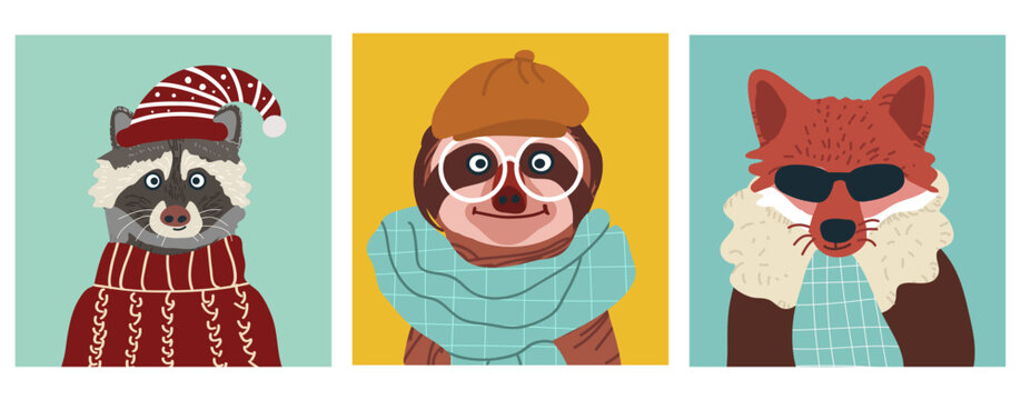 Animals avatars, cute portraits set, hand drawn vector illustration.