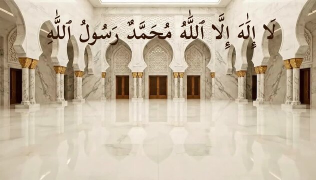 There is no god but Allah Muhammad is the Messenger of Allah the First Kalimah of Faith cinematic moment of  flawless white marble with calm ambient light 