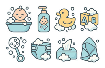 Naklejka premium Cartoon baby bath essentials with cute baby and bath accessories
