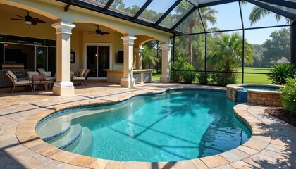 Luxurious backyard area includes swimming pool spa and outdoor kitchen. Elegant home with patio for relaxation. Tropical location with sun and water. Modern design for vacation escape.