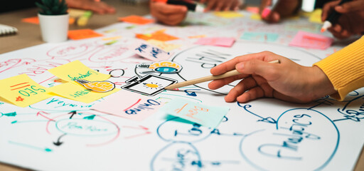 A close-up view of hands involved in brainstorming with sticky notes on chart paper, showcasing...