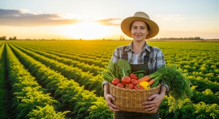 Woman smiling while holding basket of fresh vegetables in field
