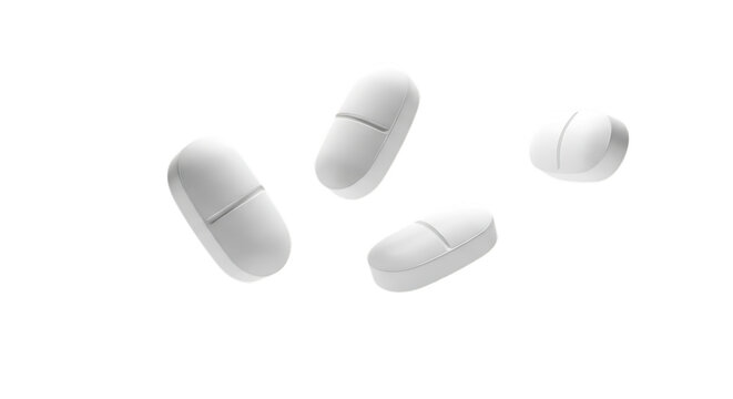 Four white oblong pills with score marks isolated on transparent background