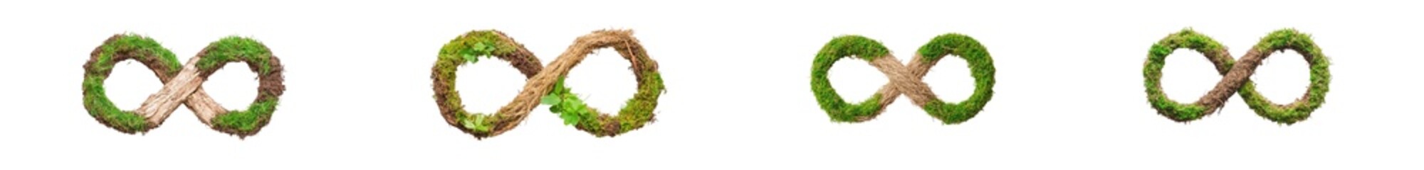 Obraz premium Four infinity symbols made of green moss, isolated on transparent background