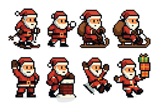 Pixel art santa collection: festive retro characters in various holiday poses and actions