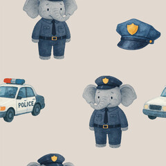 Vector seamless pattern with adorable painted elephant policeman, police cars and hats