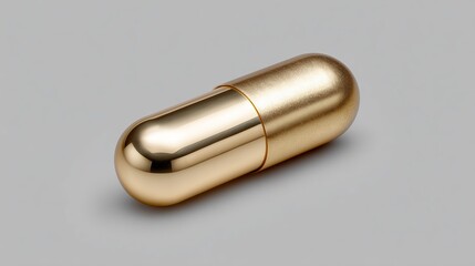A shiny golden capsule is resting on a smooth grey surface