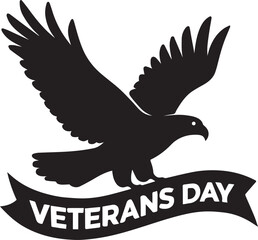 Black silhouette of an eagle with outstretched wings flying over a banner with text Veterans Day eagle silhouette