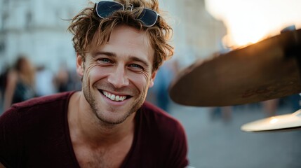 Smiling Man with Sunglasses in City Street during Sunset