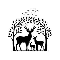 Vector art of deer family silhouette standing under trees