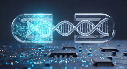 Futuristic concept of digital DNA and genetic technology on a computer circuit board.