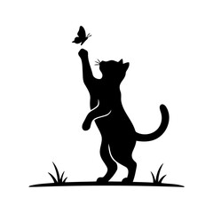 Vector art of silhouette of a cat standing on its hind legs trying to catch a butterfly