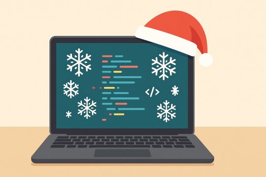 Christmas coding: Festive laptop with snowflakes and a Santa hat