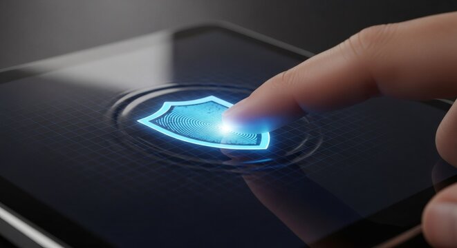 Digital Security Shield For Tablet Fingerprint Verification Concept