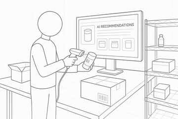 Warehouse worker using barcode scanner with AI recommendations on screen