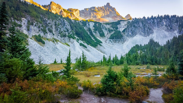 Scenic Mountain Range View at Sunset from Bench and Snow Lake Trail - Powered by Adobe