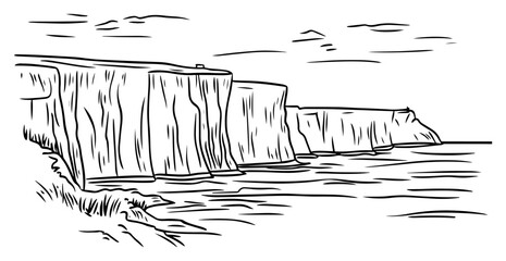 Fototapeta premium Sea cliff coastline sketch – towering rocky seashore escarpment, minimalist hand‑drawn vector landscape illustration