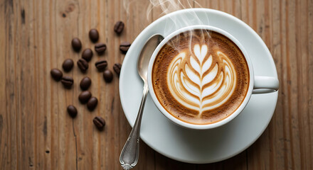 Cup of coffee and cappuccino on wooden table with foam and heart art