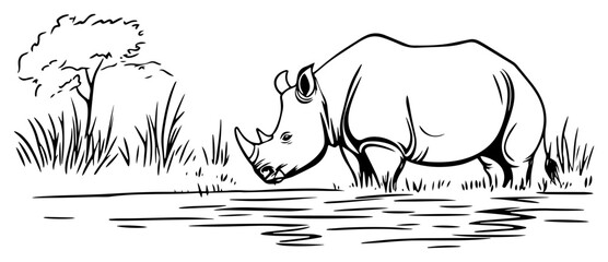 Rhinoceros drinking at waterhole – African wildlife hand‑drawn line art vector illustration