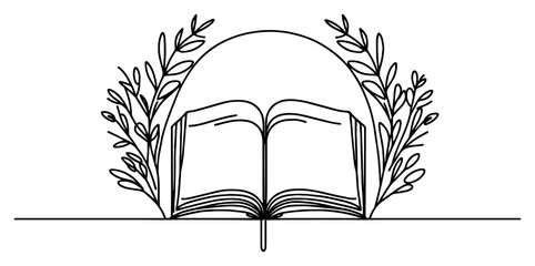 Open book with floral wreath – minimalist education and nature fusion line art vector illustration