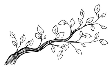 Curved leafy branch sketch – elegant twisting tree twig with young leaves, minimalist botanical line art vector illustration