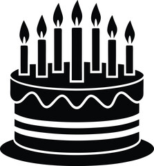 Black birthday cake icon with seven burning candles celebratory dessert confectionery item vector illustration