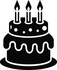 Black layered birthday cake icon with three burning candles decorative dots sweet dessert vector illustration