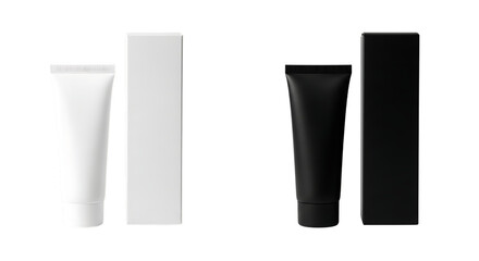 Two cosmetic tube mockups with boxes isolated on transparent background