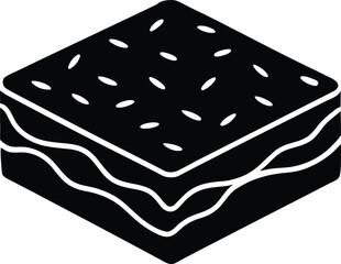 Black square layered cake icon with sesame seeds on top sweet dessert or baked good vector illustration