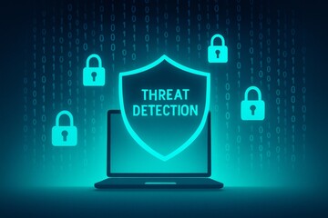 Threat detection concept with laptop, shield, and digital security locks
