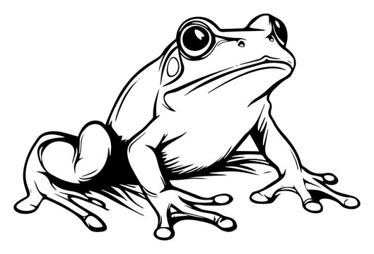 Sitting frog sketch &ndash; realistic amphibian line art vector illustration of frog on ground