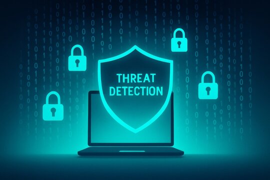 Threat detection concept with laptop, shield, and digital security locks