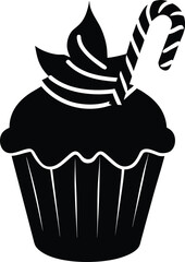 Winter cupcake vector icon sweet dessert with frosting and candy cane decoration