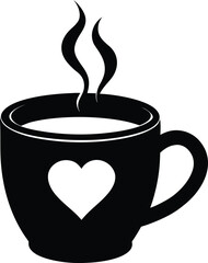 Steaming coffee mug with heart shape black silhouette illustration isolated on transparent background hot beverage cup